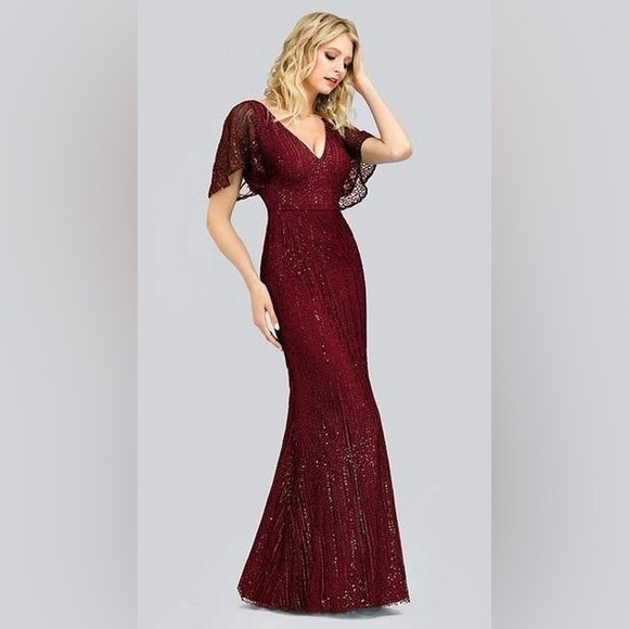 NWT Burgundy Deep V Neck Shiny Fishtail Evening Dress with Flutter Sleeves - Picture 3 of 13